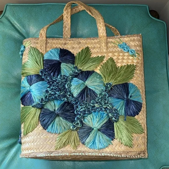 Vintage oversized large gorgeous turquoise blue flower raffia basket beachy bag - Picture 12 of 14